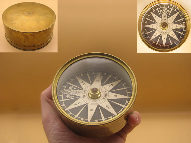 Early 19th century French brass cased compass signed BURON PARIS